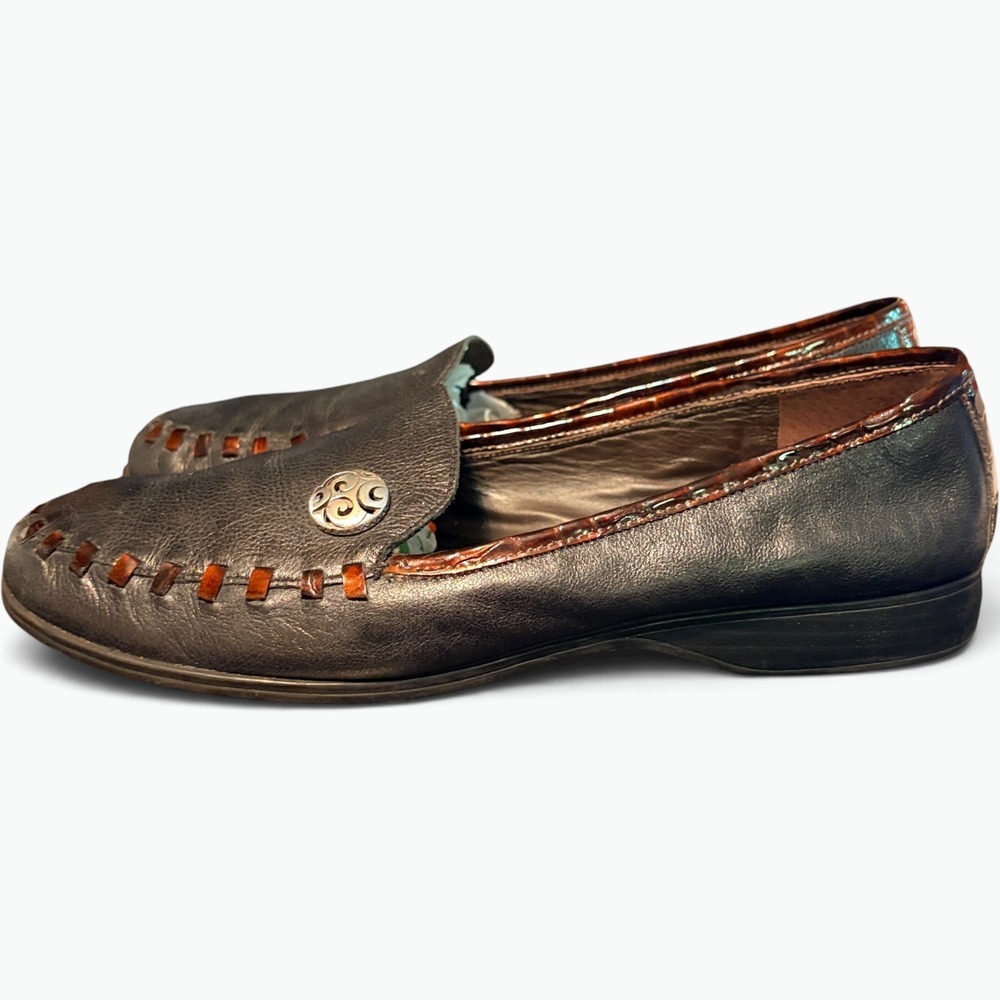 Brighton Moore Loafers Black Metallic Leather Croc Trim Whimsigoth Flats 8.5M